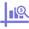 A bar graph with a magnifying glass and the dollar symbol inside of it